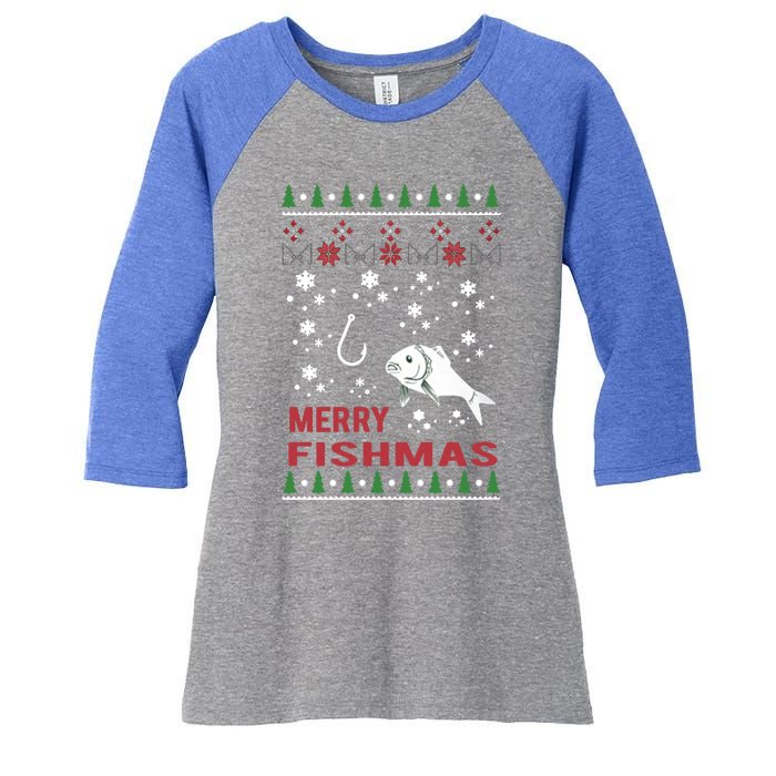 Merry Fishmas Fishing Ugly Christmas Style Meaningful Gift Women's Tri-Blend 3/4-Sleeve Raglan Shirt