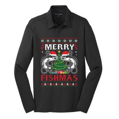 Merry Fishmas Funny Fishing Christmas Pajama Fishers Gift Silk Touch Performance Long Sleeve Polo