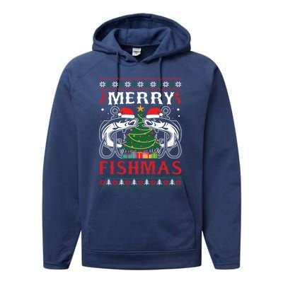 Merry Fishmas Funny Fishing Christmas Pajama Fishers Gift Performance Fleece Hoodie