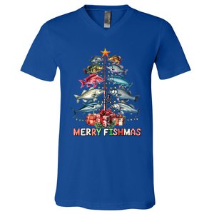 Merry Fishmas Funny Christmas Tree Lights Fishing Rod Fish Gift V-Neck T-Shirt