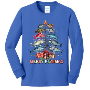 Merry Fishmas Funny Christmas Tree Lights Fishing Rod Fish Gift Kids Long Sleeve Shirt