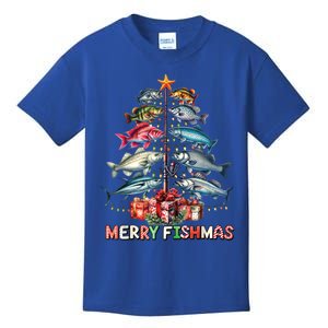 Merry Fishmas Funny Christmas Tree Lights Fishing Rod Fish Gift Kids T-Shirt