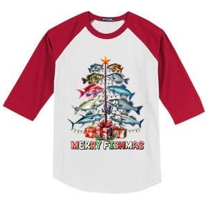 Merry Fishmas Funny Christmas Tree Lights Fishing Rod Fish Gift Kids Colorblock Raglan Jersey