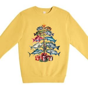 Merry Fishmas Funny Christmas Tree Lights Fishing Rod Fish Gift Premium Crewneck Sweatshirt