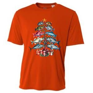 Merry Fishmas Funny Christmas Tree Lights Fishing Rod Fish Gift Cooling Performance Crew T-Shirt