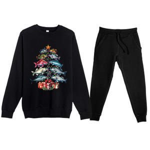 Merry Fishmas Funny Christmas Tree Lights Fishing Rod Fish Gift Premium Crewneck Sweatsuit Set