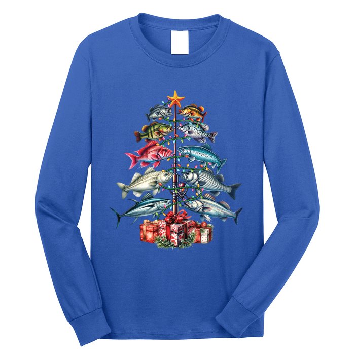 Merry Fishmas Funny Christmas Tree Lights Fishing Rod Fish Gift Long Sleeve Shirt