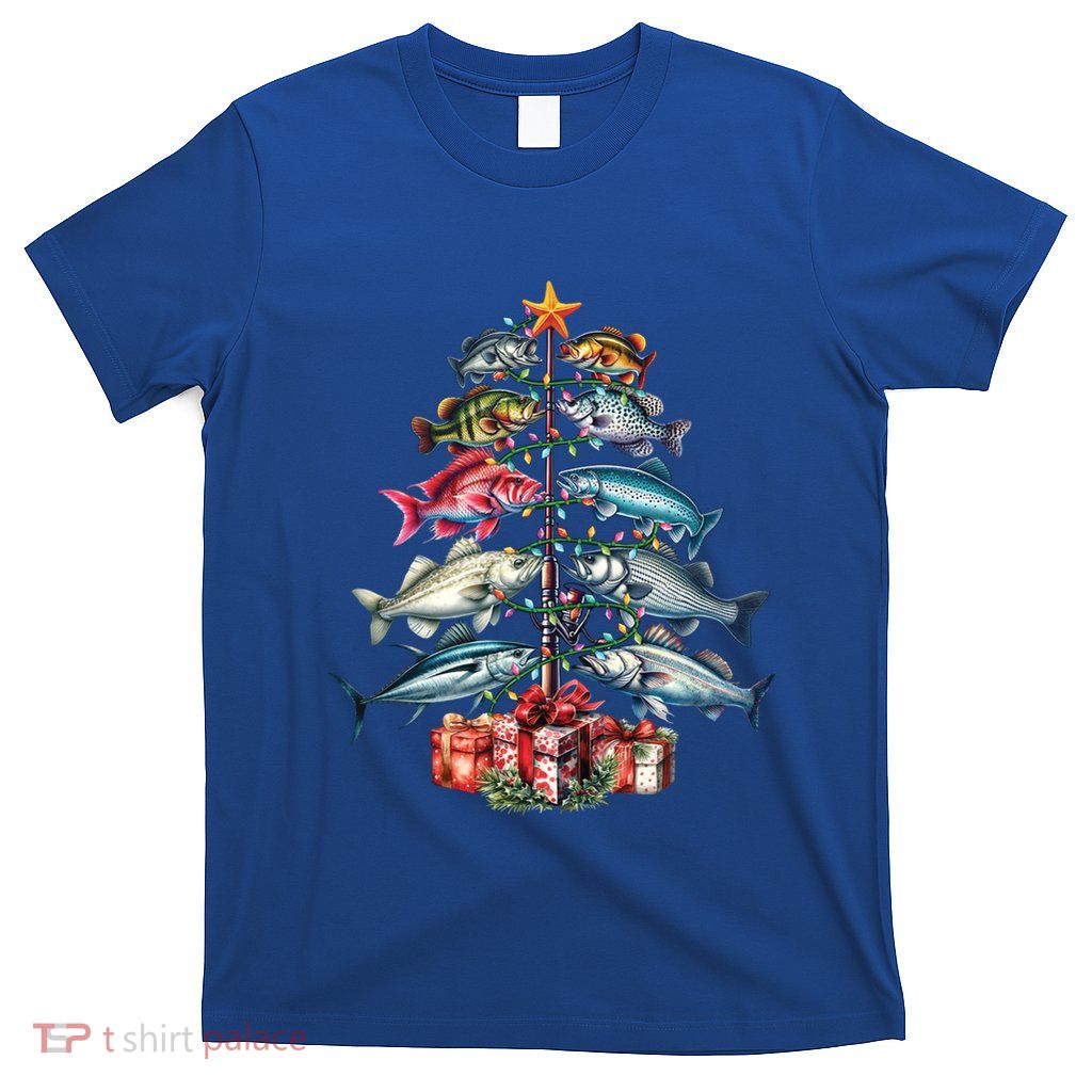 Merry Fishmas Funny Christmas Tree Lights Fishing Rod Fish Gift T-Shirt