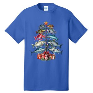 Merry Fishmas Funny Christmas Tree Lights Fishing Rod Fish Gift Tall T-Shirt