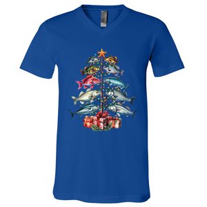 Merry Fishmas Funny Christmas Tree Lights Fishing Rod Fish Gift V-Neck T-Shirt