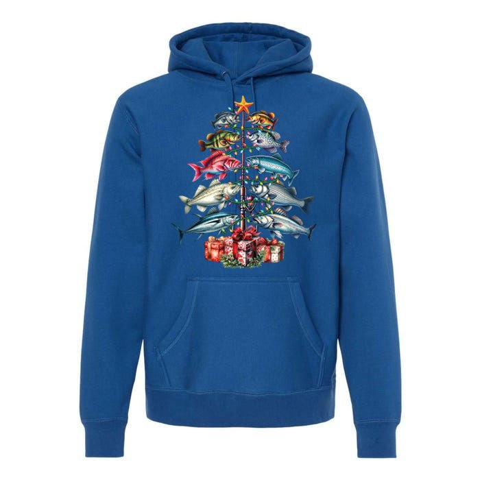 Merry Fishmas Funny Christmas Tree Lights Fishing Rod Fish Gift Premium Hoodie