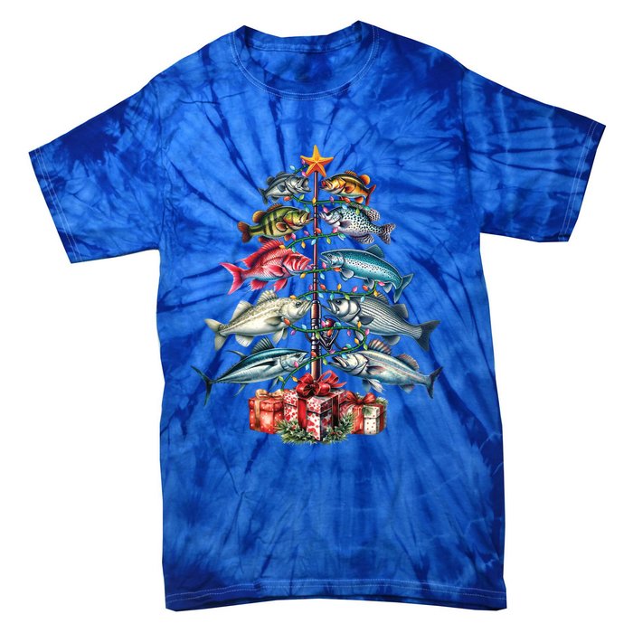 Merry Fishmas Funny Christmas Tree Lights Fishing Rod Fish Gift Tie-Dye T-Shirt