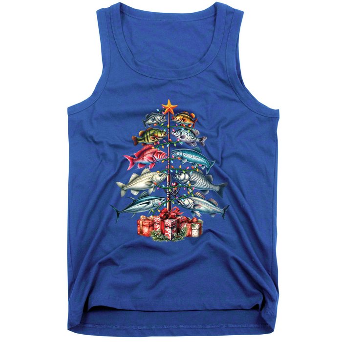 Merry Fishmas Funny Christmas Tree Lights Fishing Rod Fish Gift Tank Top