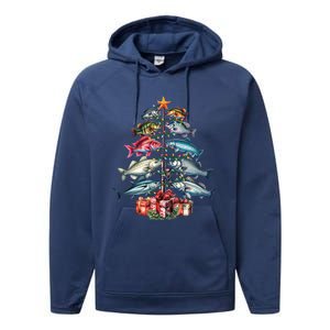 Merry Fishmas Funny Christmas Tree Lights Fishing Rod Fish Gift Performance Fleece Hoodie