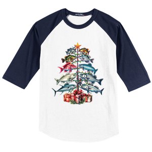 Merry Fishmas Funny Christmas Tree Lights Fishing Rod Fish Gift Baseball Sleeve Shirt