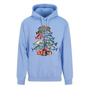 Merry Fishmas Funny Christmas Tree Lights Fishing Rod Fish Gift Unisex Surf Hoodie