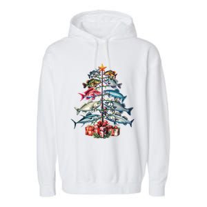 Merry Fishmas Funny Christmas Tree Lights Fishing Rod Fish Gift Garment-Dyed Fleece Hoodie