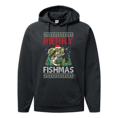 Merry Fishmas Fishing Ugly Christmas Large Mouth Bass Gift Performance Fleece Hoodie