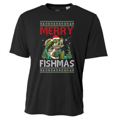 Merry Fishmas Fishing Ugly Christmas Large Mouth Bass Gift Cooling Performance Crew T-Shirt