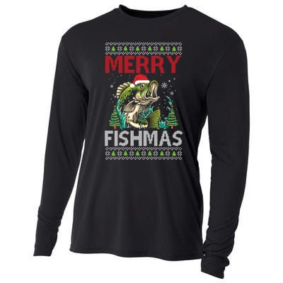 Merry Fishmas Fishing Ugly Christmas Large Mouth Bass Gift Cooling Performance Long Sleeve Crew