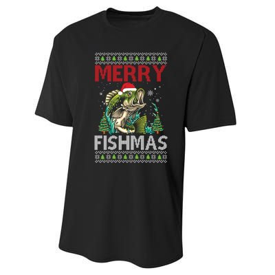 Merry Fishmas Fishing Ugly Christmas Large Mouth Bass Gift Performance Sprint T-Shirt