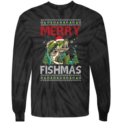 Merry Fishmas Fishing Ugly Christmas Large Mouth Bass Gift Tie-Dye Long Sleeve Shirt