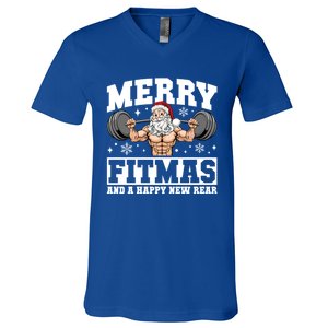 Merry Fitmas Funny Santa Fitness Gym Workout Ugly Christmas Gift V-Neck T-Shirt