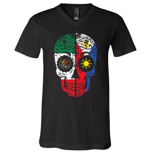 Mexican Filipino Flag Mexico Philippines Sugar Skull V-Neck T-Shirt