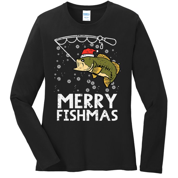 Merry Fishmas Fish Fishing Xmas Christmas Dad Ladies Long Sleeve Shirt