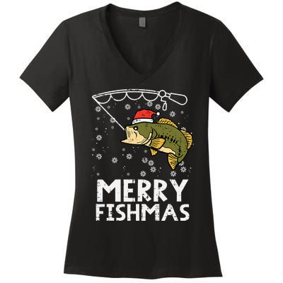 Merry Fishmas Fish Fishing Xmas Christmas Dad Women's V-Neck T-Shirt