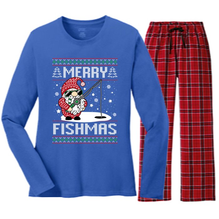 Merry Fishmas Fishing Gnome Christmas Santa Fisher Cool Gift Women's Long Sleeve Flannel Pajama Set 