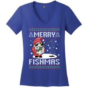 Merry Fishmas Fishing Gnome Christmas Santa Fisher Cool Gift Women's V-Neck T-Shirt