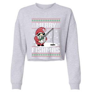 Merry Fishmas Fishing Gnome Christmas Santa Fisher Cool Gift Cropped Pullover Crew