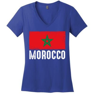 Morocco Flag Football Vintage Fan Soccer Team Pride Gift Women's V-Neck T-Shirt