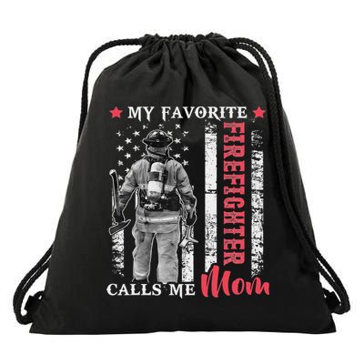 My Favorite Firefighter Calls Me Mom Usa Flag Mother Drawstring Bag