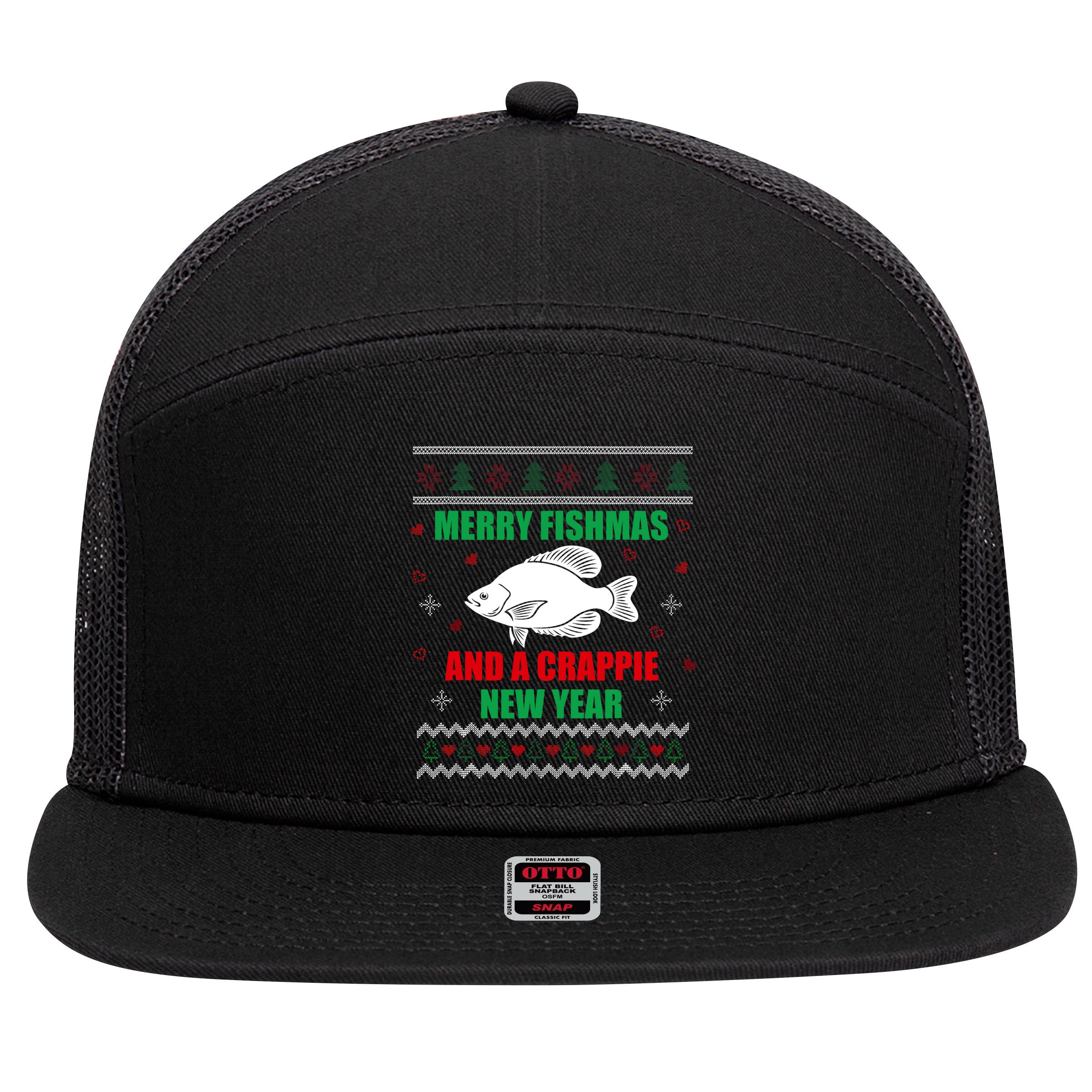 Merry Fishmas Fish Fishing Fisherman Ugly Christmas Xmas 7 Panel Mesh Trucker Snapback Hat