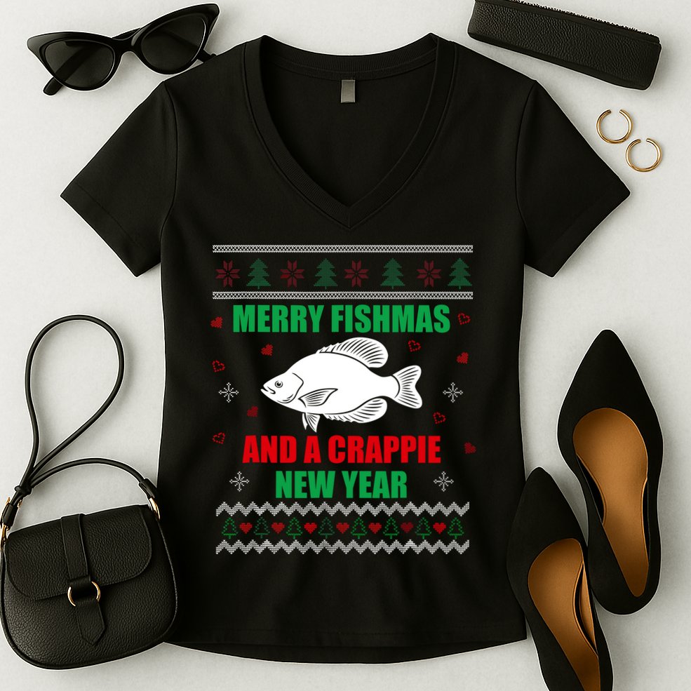 Merry Fishmas Fish Fishing Fisherman Ugly Christmas Xmas Women's V-Neck T-Shirt
