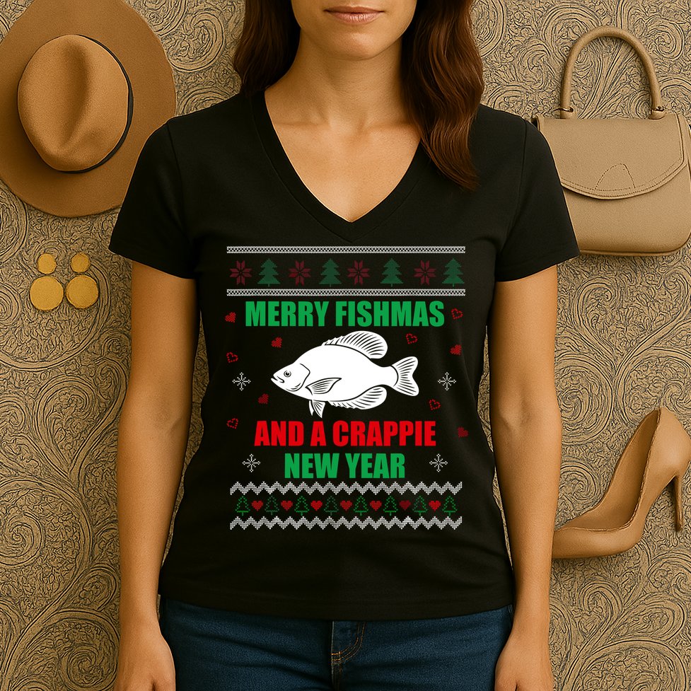 Merry Fishmas Fish Fishing Fisherman Ugly Christmas Xmas Women's V-Neck T-Shirt