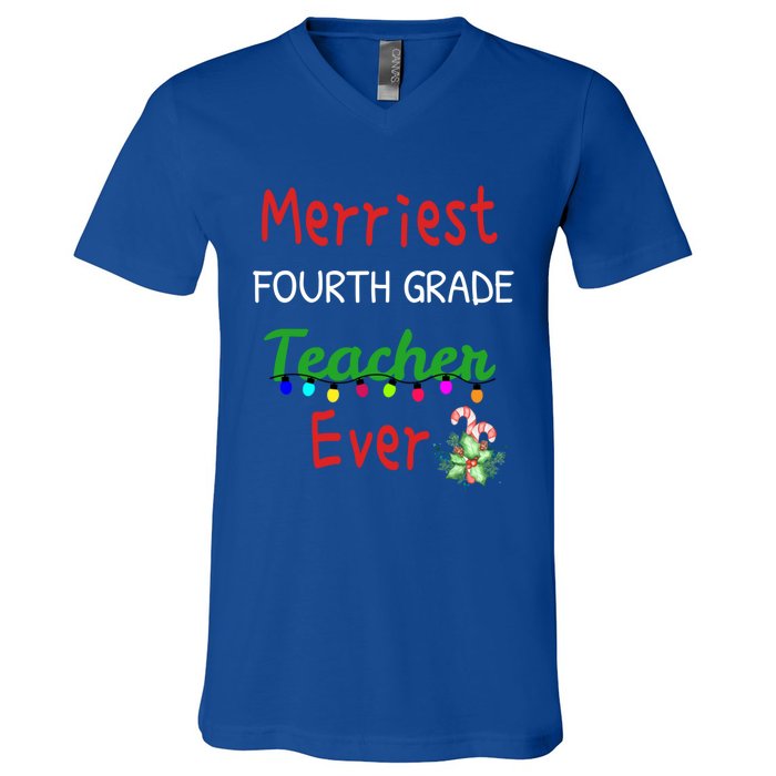 Merriest Fourth Grade Teacher Ever Christmas Tree Cool Gift V-Neck T-Shirt