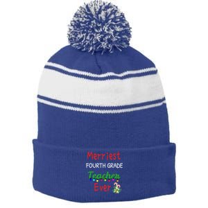 Merriest Fourth Grade Teacher Ever Christmas Tree Cool Gift Stripe Pom Pom Beanie