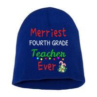 Merriest Fourth Grade Teacher Ever Christmas Tree Cool Gift Short Acrylic Beanie