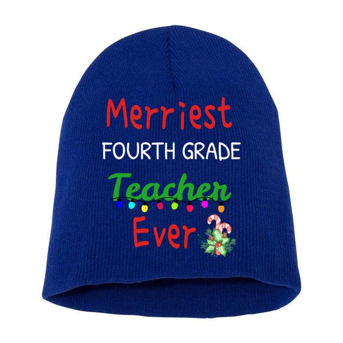 Merriest Fourth Grade Teacher Ever Christmas Tree Cool Gift Short Acrylic Beanie