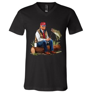 Make Fishing Great Again Funny Bass Fishing Humor Trump V-Neck T-Shirt