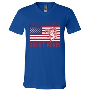 Make Fishing Great Again Bass Fish American Flag Funny Gift V-Neck T-Shirt