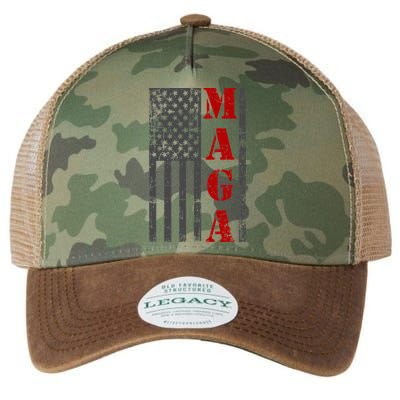 Maga Flag Gray And Red Distressed American Flag Legacy Tie Dye Trucker Hat