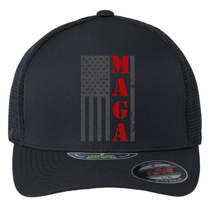 Maga Flag Gray And Red Distressed American Flag Flexfit Unipanel Trucker Cap