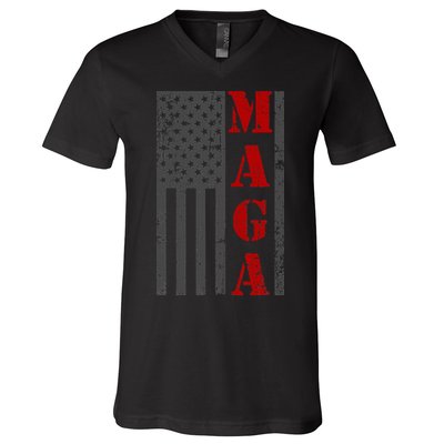 Maga Flag Gray And Red Distressed American Flag V-Neck T-Shirt