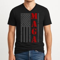 Maga Flag Gray And Red Distressed American Flag V-Neck T-Shirt