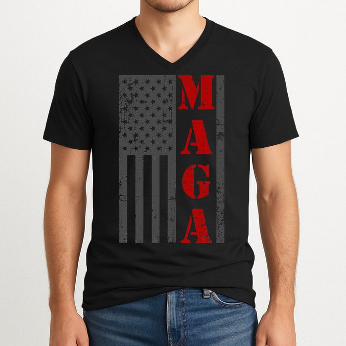Maga Flag Gray And Red Distressed American Flag V-Neck T-Shirt