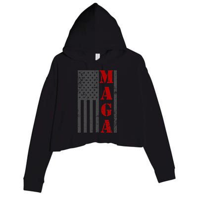 Maga Flag Gray And Red Distressed American Flag Crop Fleece Hoodie
